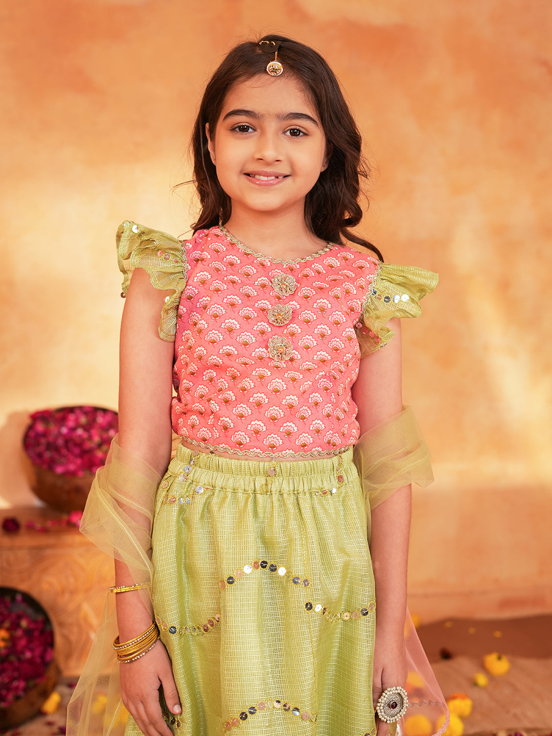 Pspeaches Girls Pink & Pista Green patra work Ethnic Booti Print Cotton Circular Lehenga & Choli With Dupatta ( Sku-L-Greenpatra )