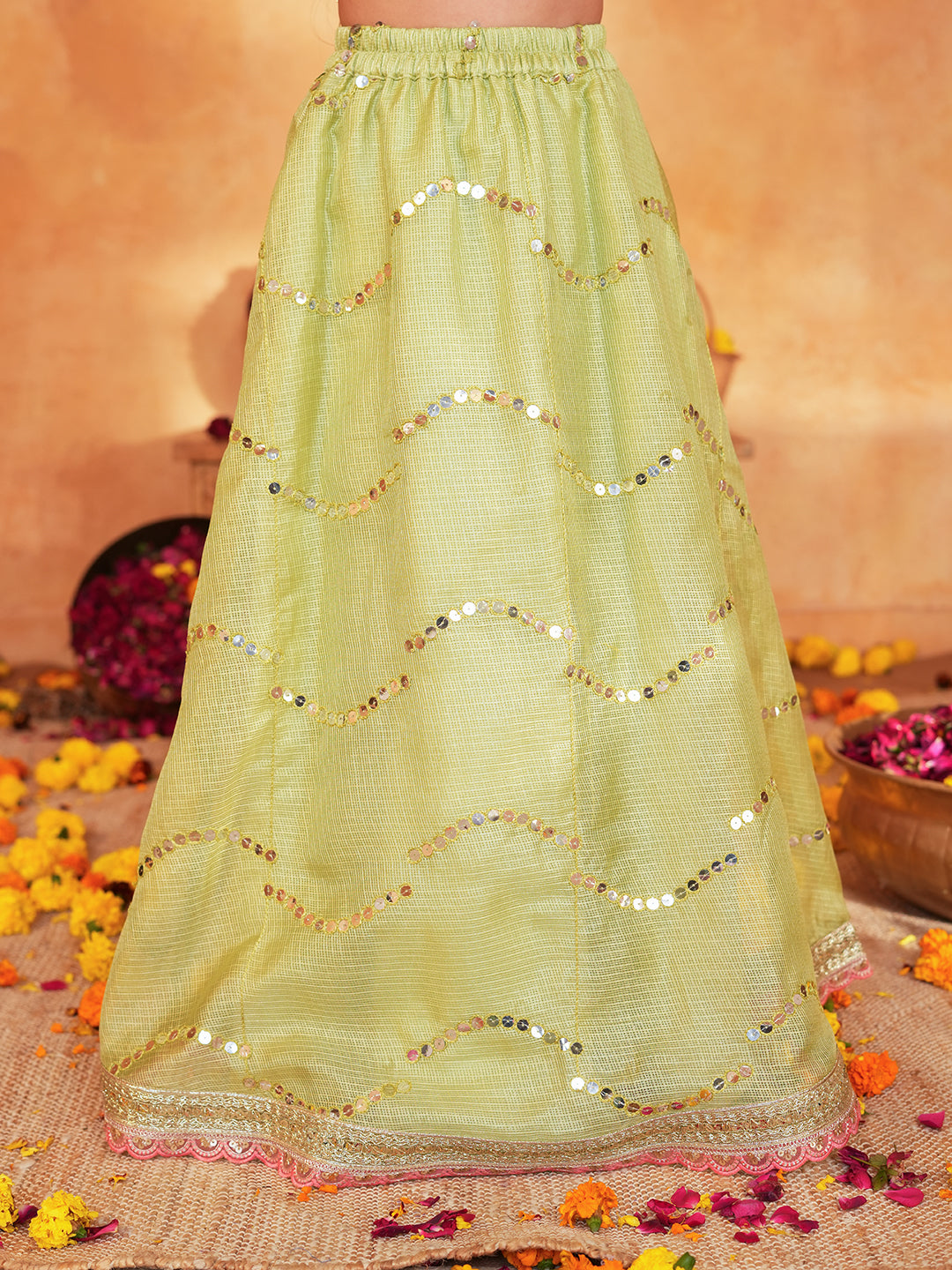 Pspeaches Girls Pink & Pista Green patra work Ethnic Booti Print Cotton Circular Lehenga & Choli With Dupatta ( Sku-L-Greenpatra )