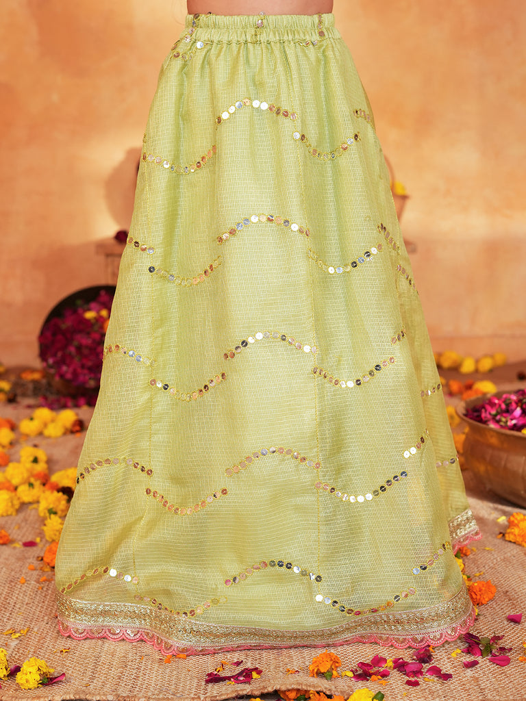 Pspeaches Girls Pink & Pista Green patra work Ethnic Booti Print Cotton Circular Lehenga & Choli With Dupatta ( Sku-L-Greenpatra )
