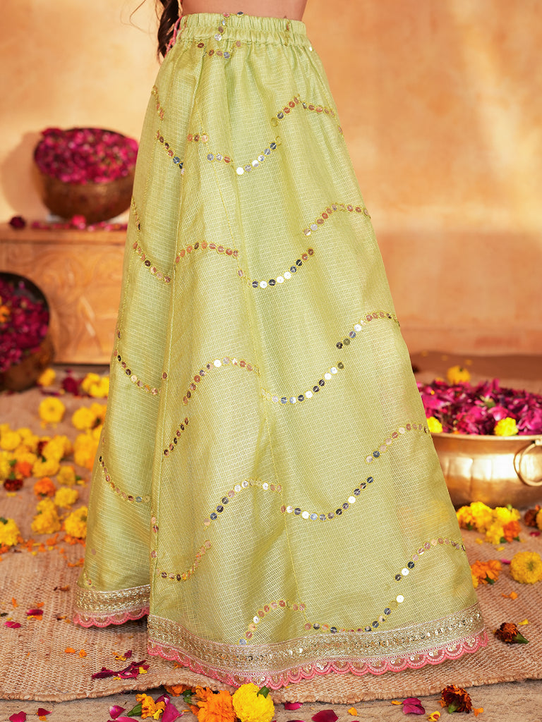 Pspeaches Girls Pink & Pista Green patra work Ethnic Booti Print Cotton Circular Lehenga & Choli With Dupatta ( Sku-L-Greenpatra )