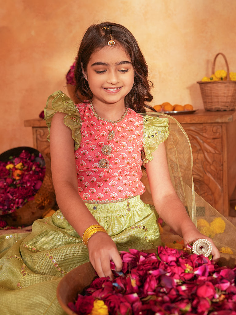 Pspeaches Girls Pink & Pista Green patra work Ethnic Booti Print Cotton Circular Lehenga & Choli With Dupatta ( Sku-L-Greenpatra )