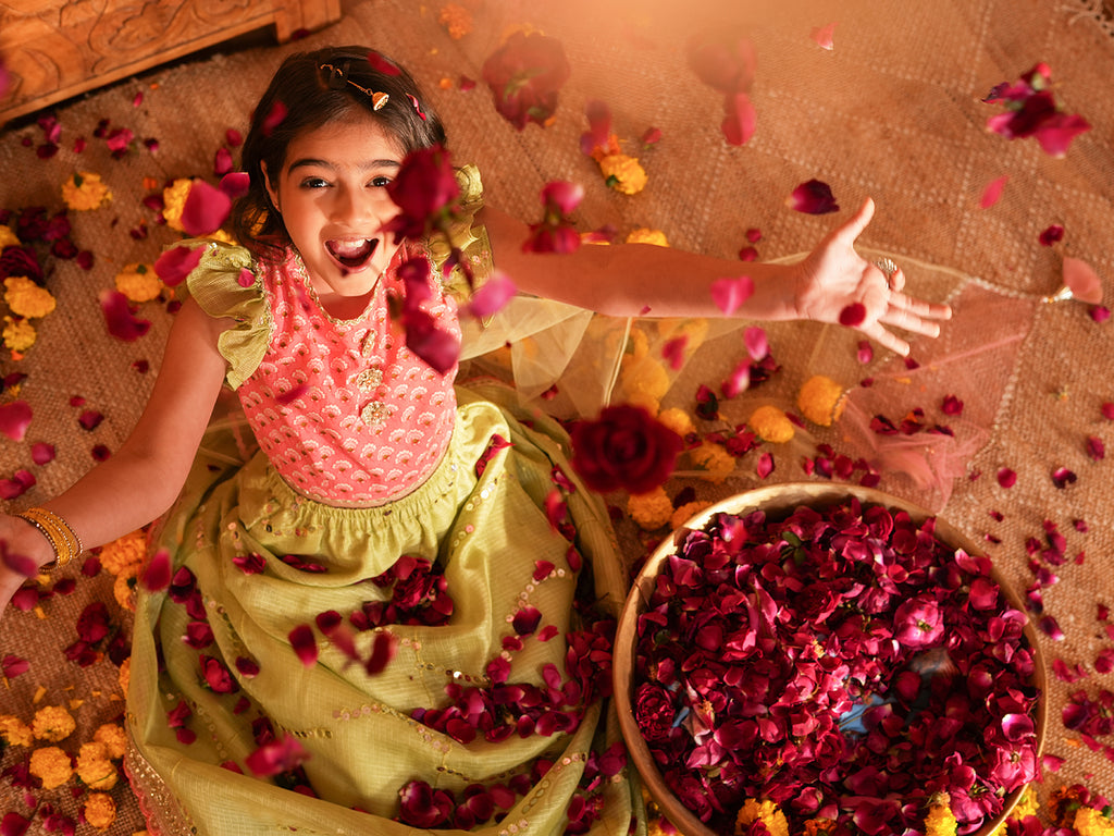 Pspeaches Girls Pink & Pista Green patra work Ethnic Booti Print Cotton Circular Lehenga & Choli With Dupatta ( Sku-L-Greenpatra )