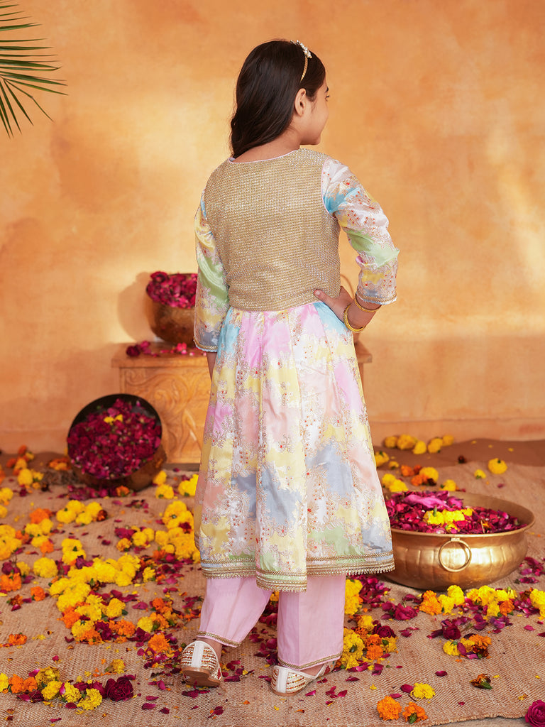 Pspeaches Girls Multi Ethnic Foil Pattern Lurexmulti A-Line Kurta & Pant With Jacket ( Sku-Ks-Goldenlurex )