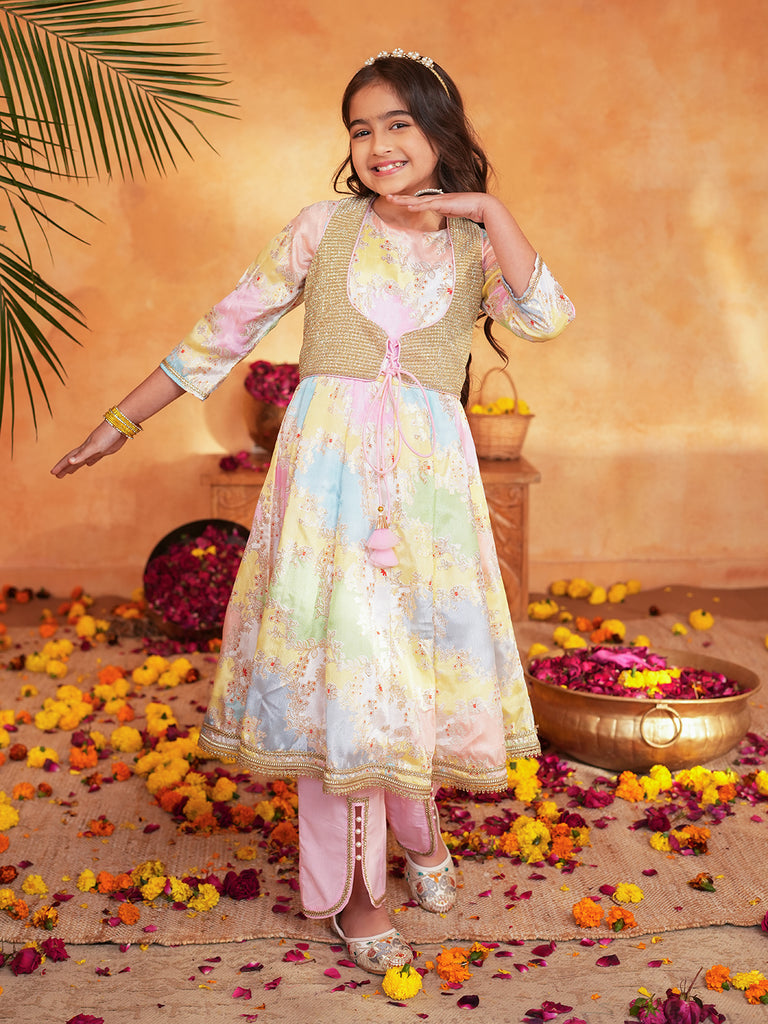 Pspeaches Girls Multi Ethnic Foil Pattern Lurexmulti A-Line Kurta & Pant With Jacket ( Sku-Ks-Goldenlurex )