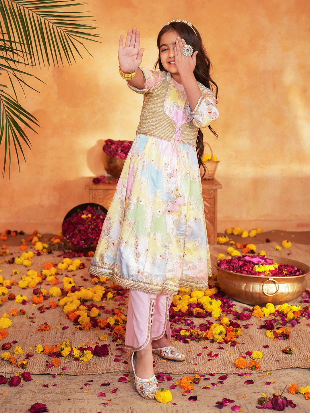 Pspeaches Girls Multi Ethnic Foil Pattern Lurexmulti A-Line Kurta & Pant With Jacket ( Sku-Ks-Goldenlurex )
