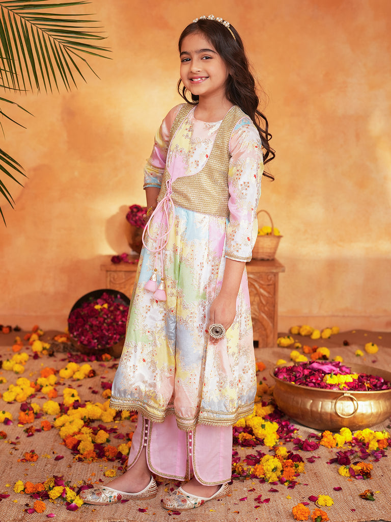 Pspeaches Girls Multi Ethnic Foil Pattern Lurexmulti A-Line Kurta & Pant With Jacket ( Sku-Ks-Goldenlurex )