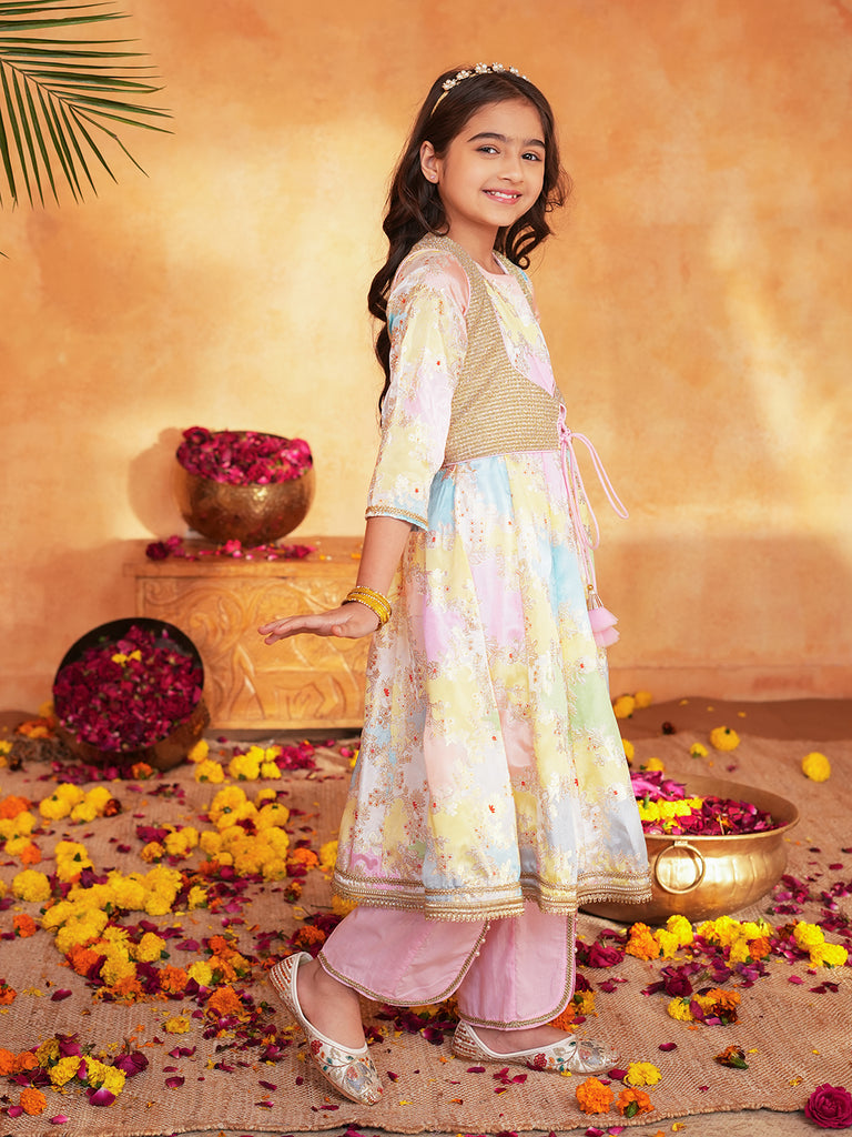 Pspeaches Girls Multi Ethnic Foil Pattern Lurexmulti A-Line Kurta & Pant With Jacket ( Sku-Ks-Goldenlurex )