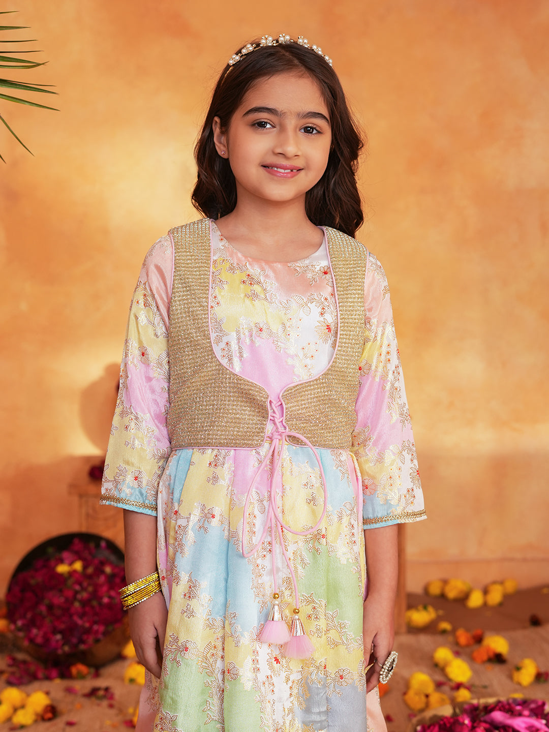 Pspeaches Girls Multi Ethnic Foil Pattern Lurexmulti A-Line Kurta & Pant With Jacket ( Sku-Ks-Goldenlurex )