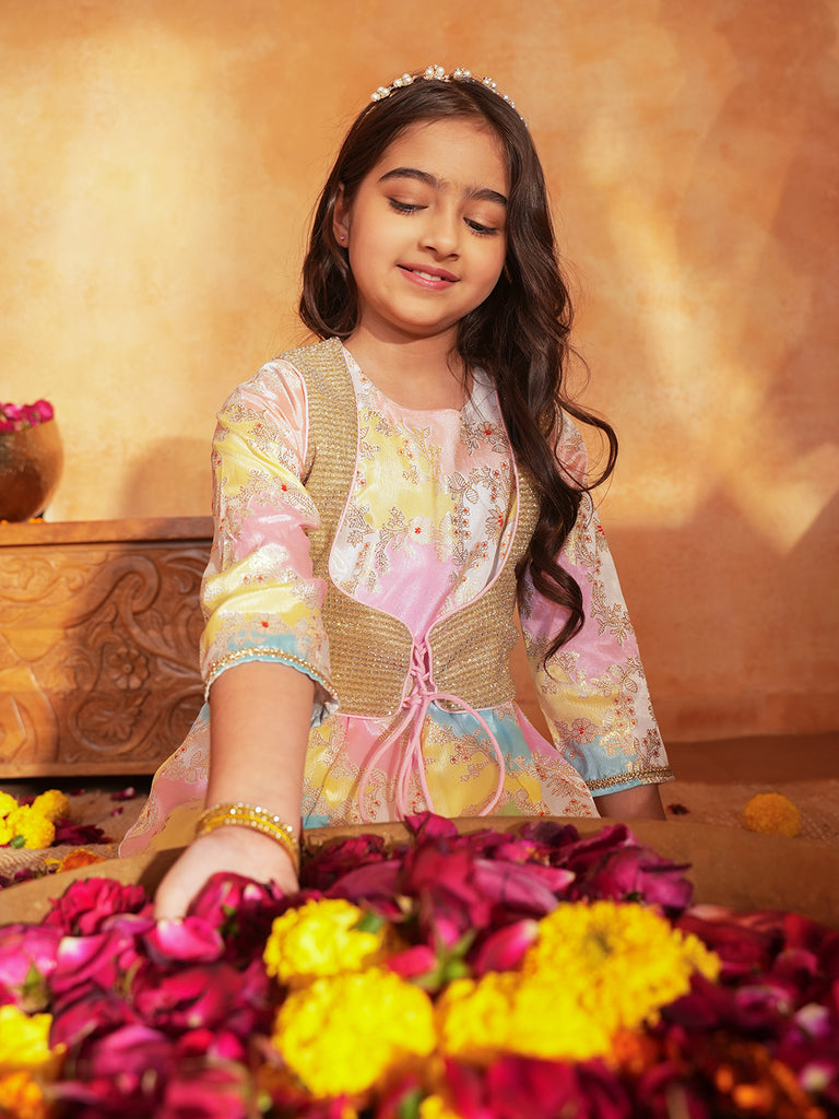 Pspeaches Girls Multi Ethnic Foil Pattern Lurexmulti A-Line Kurta & Pant With Jacket ( Sku-Ks-Goldenlurex )