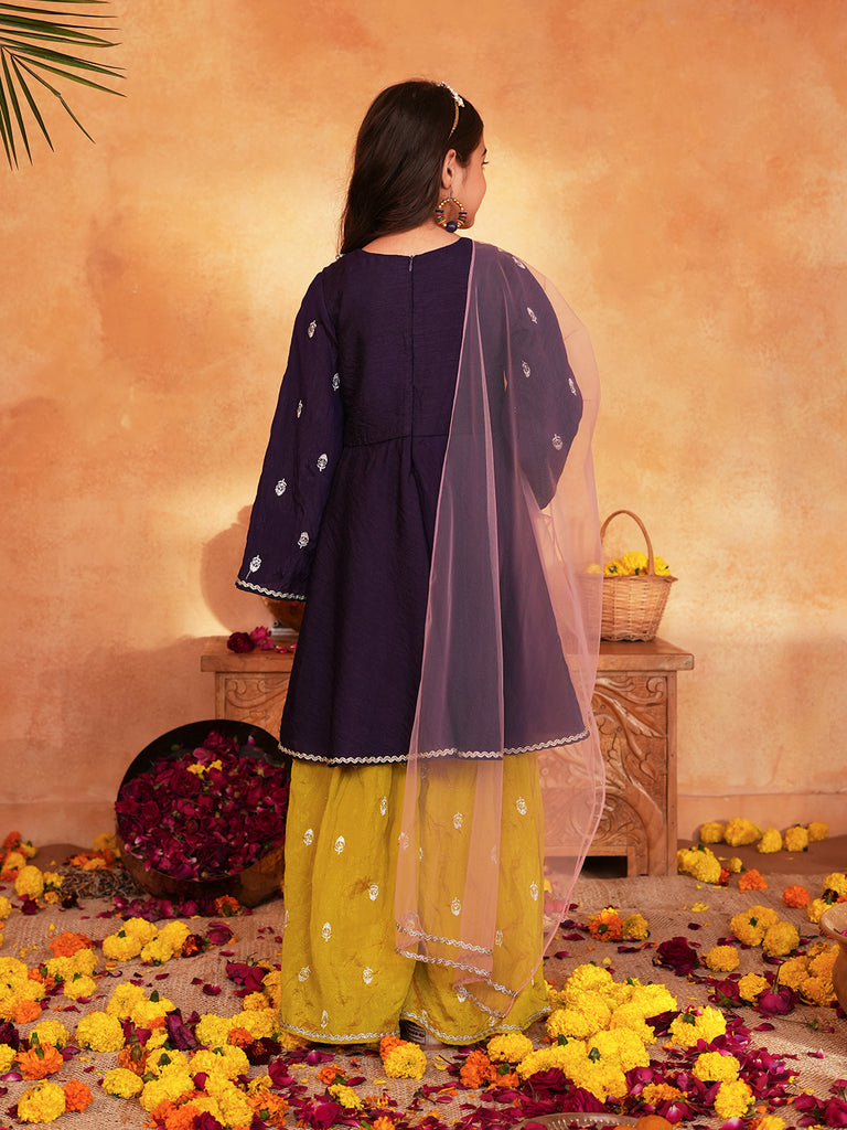 Pspeaches Girls Purple & Yellow Ethnic Embroidered silk A-line Kurta With Sharara & Dupatta ( SKU-Sha-burgundyvich )