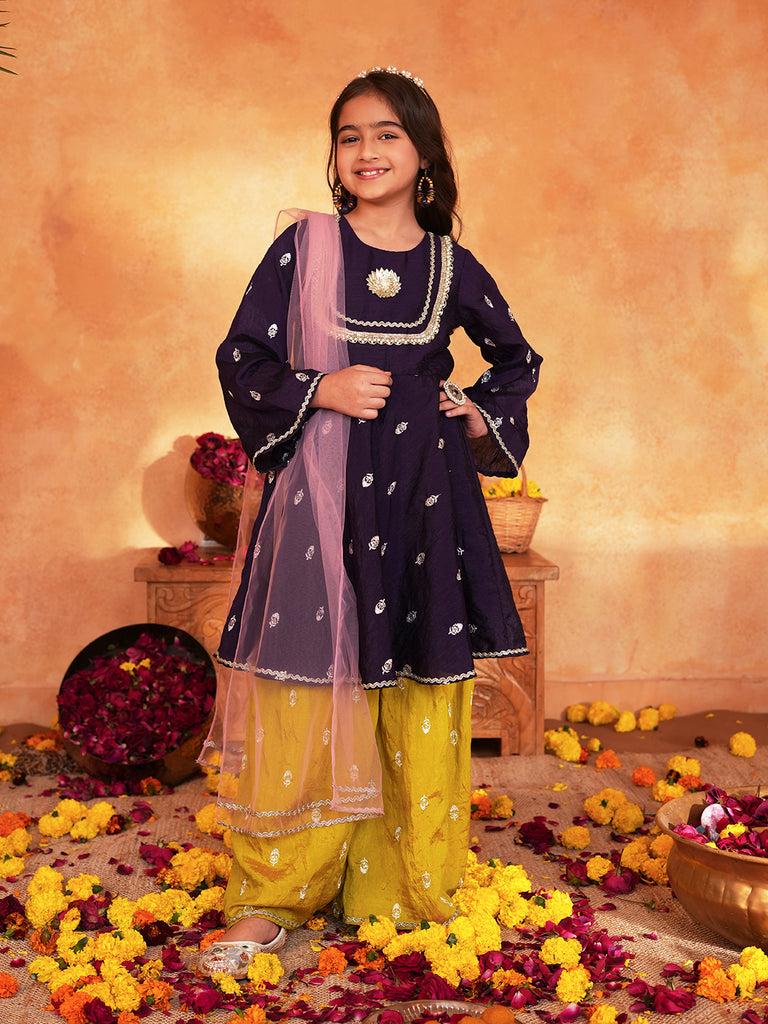 Pspeaches Girls Purple & Yellow Ethnic Embroidered silk A-line Kurta With Sharara & Dupatta ( SKU-Sha-burgundyvich )