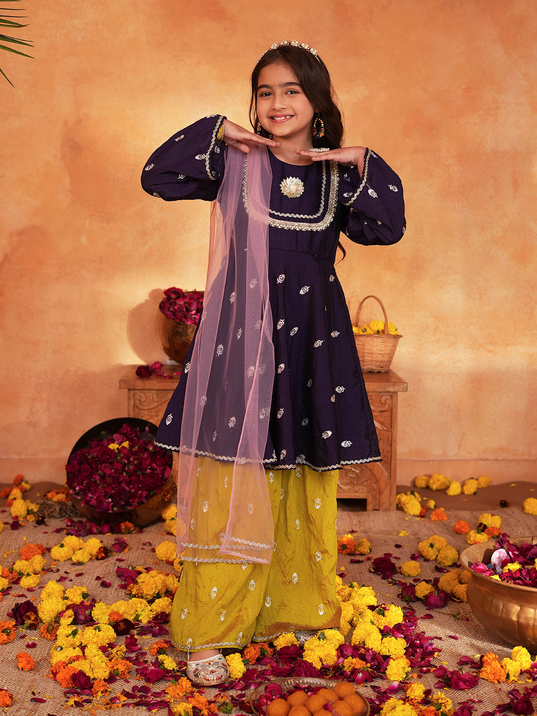 Pspeaches Girls Purple & Yellow Ethnic Embroidered silk A-line Kurta With Sharara & Dupatta ( SKU-Sha-burgundyvich )
