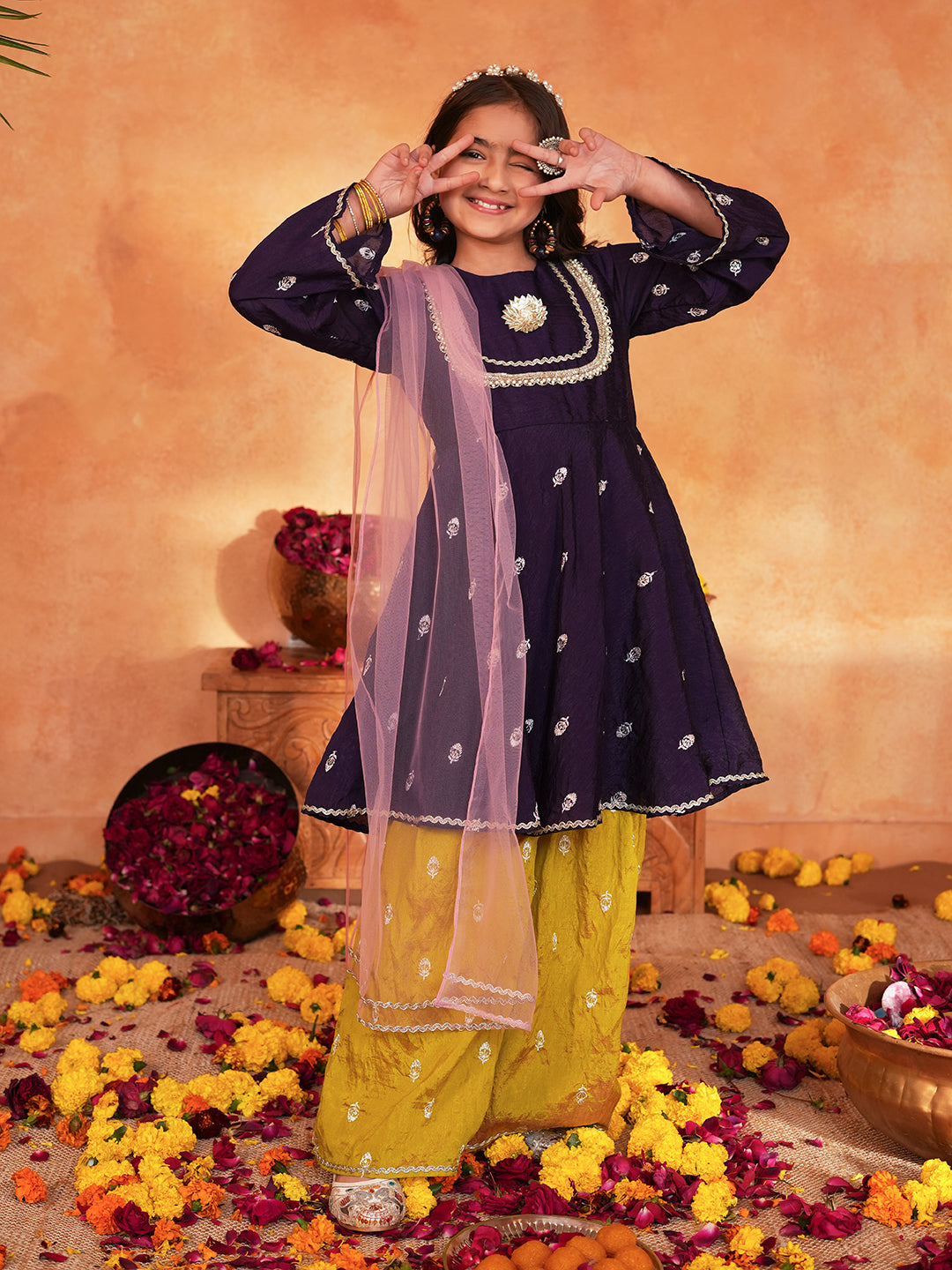 Pspeaches Girls Purple & Yellow Ethnic Embroidered silk A-line Kurta With Sharara & Dupatta ( SKU-Sha-burgundyvich )