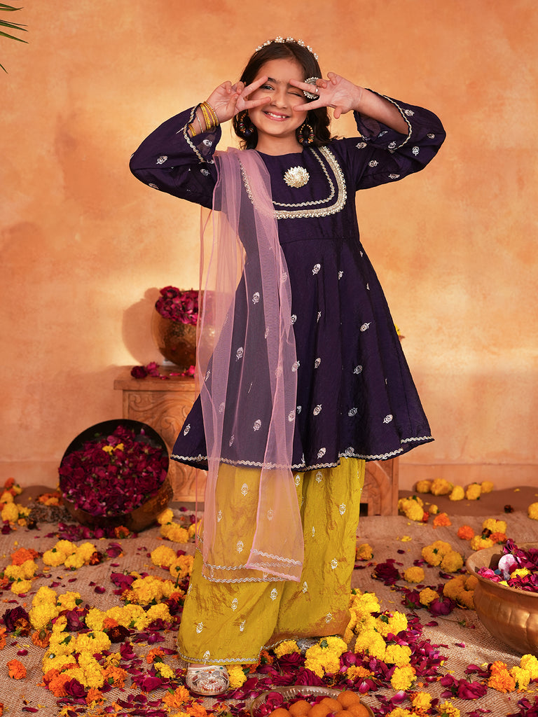 Pspeaches Girls Purple & Yellow Ethnic Embroidered silk A-line Kurta With Sharara & Dupatta ( SKU-Sha-burgundyvich )