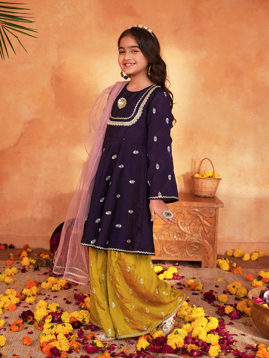 Pspeaches Girls Purple & Yellow Ethnic Embroidered silk A-line Kurta With Sharara & Dupatta ( SKU-Sha-burgundyvich )