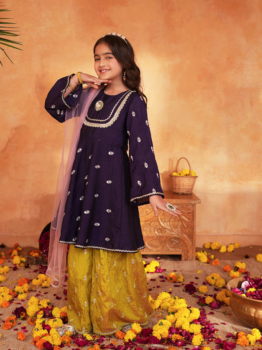 Pspeaches Girls Purple & Yellow Ethnic Embroidered silk A-line Kurta With Sharara & Dupatta ( SKU-Sha-burgundyvich )