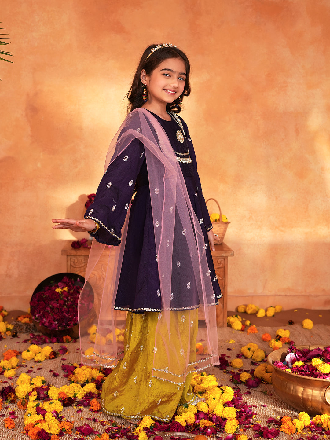 Pspeaches Girls Purple & Yellow Ethnic Embroidered silk A-line Kurta With Sharara & Dupatta ( SKU-Sha-burgundyvich )