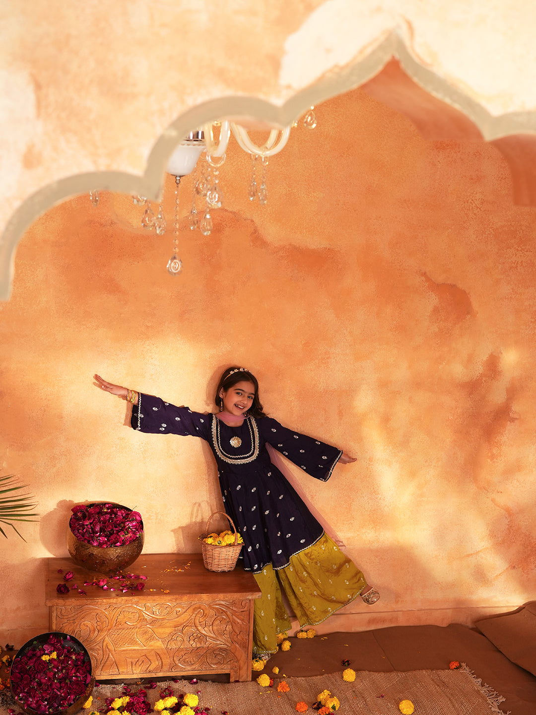 Pspeaches Girls Purple & Yellow Ethnic Embroidered silk A-line Kurta With Sharara & Dupatta ( SKU-Sha-burgundyvich )
