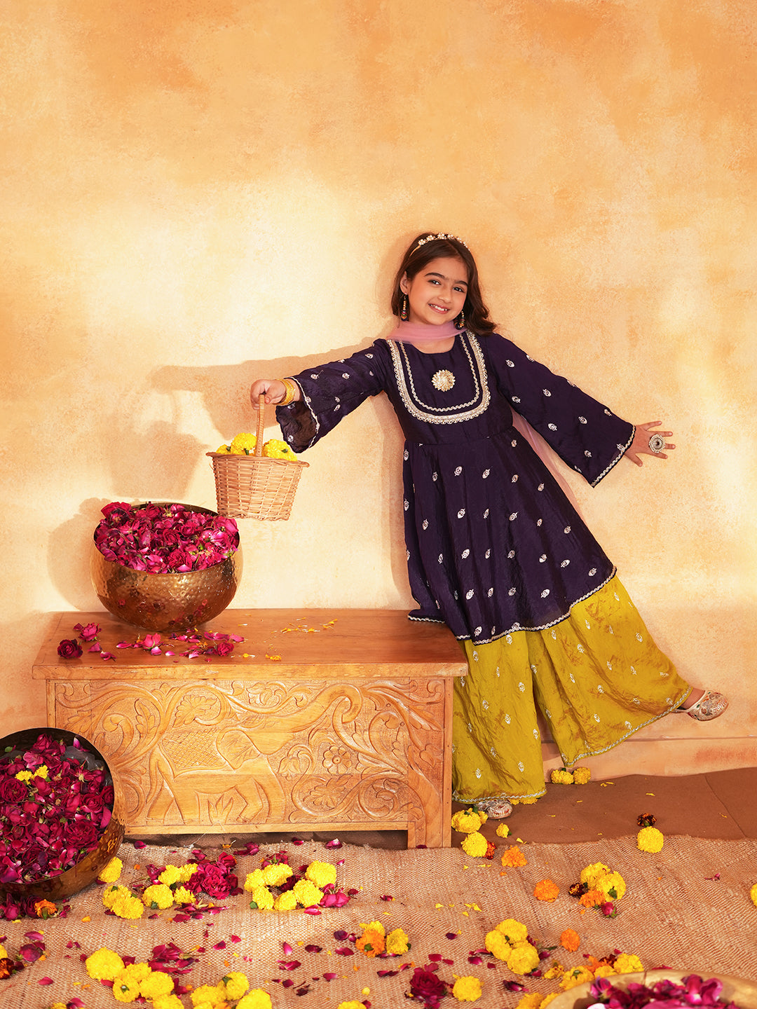 Pspeaches Girls Purple & Yellow Ethnic Embroidered silk A-line Kurta With Sharara & Dupatta ( SKU-Sha-burgundyvich )