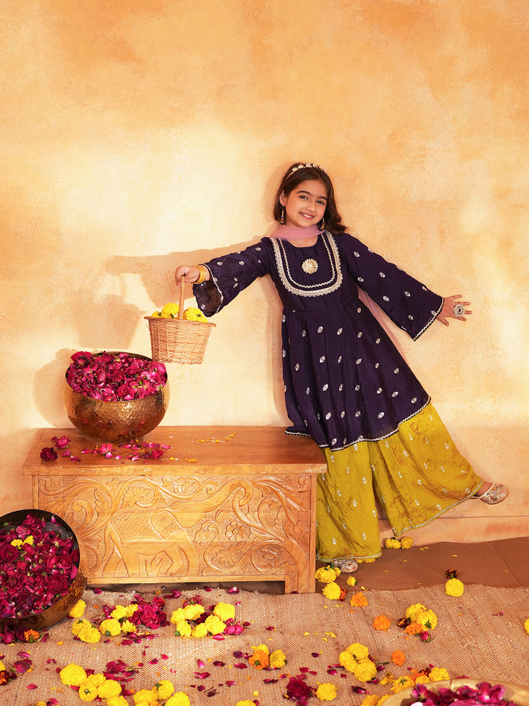 Pspeaches Girls Purple & Yellow Ethnic Embroidered silk A-line Kurta With Sharara & Dupatta ( SKU-Sha-burgundyvich )