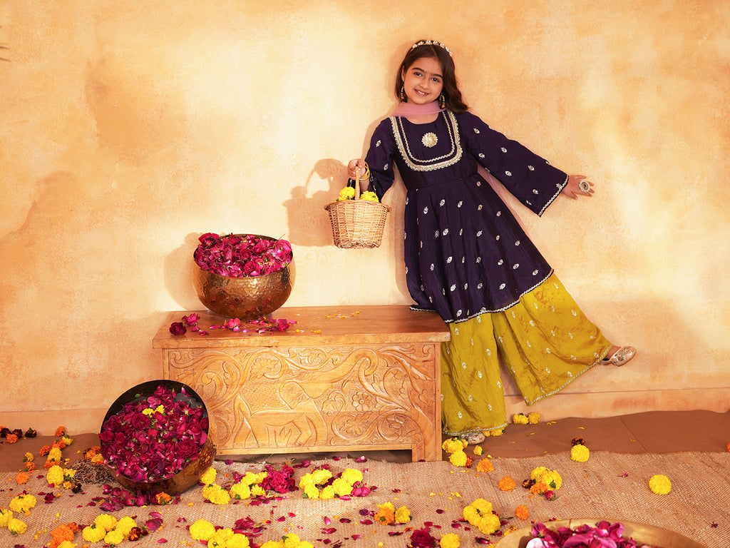 Pspeaches Girls Purple & Yellow Ethnic Embroidered silk A-line Kurta With Sharara & Dupatta ( SKU-Sha-burgundyvich )