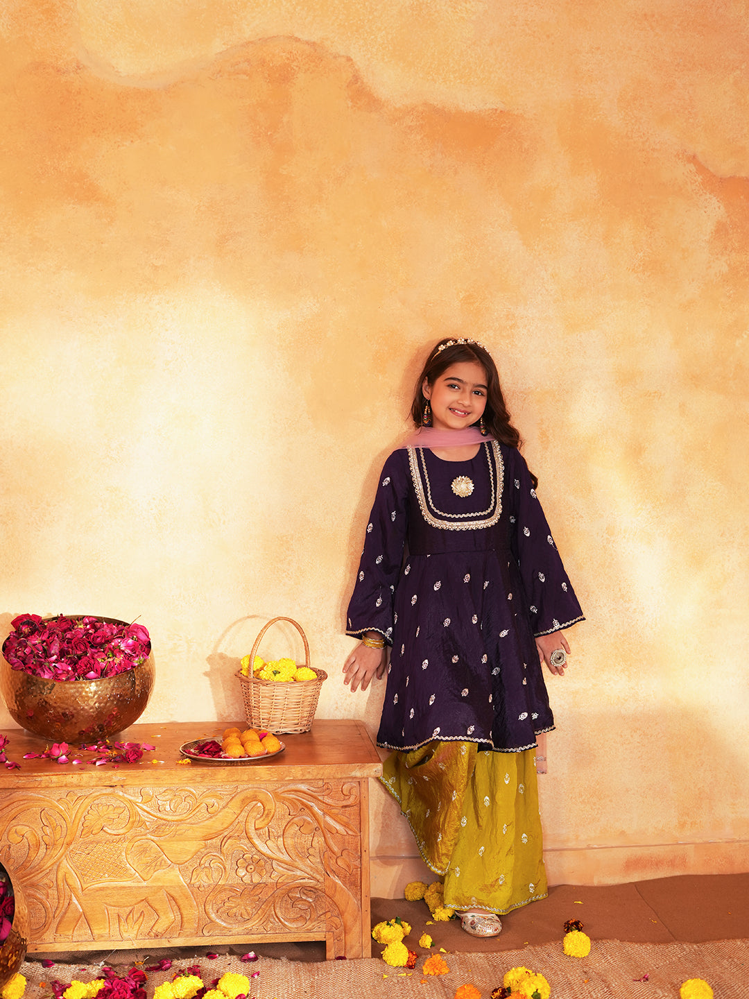 Pspeaches Girls Purple & Yellow Ethnic Embroidered silk A-line Kurta With Sharara & Dupatta ( SKU-Sha-burgundyvich )