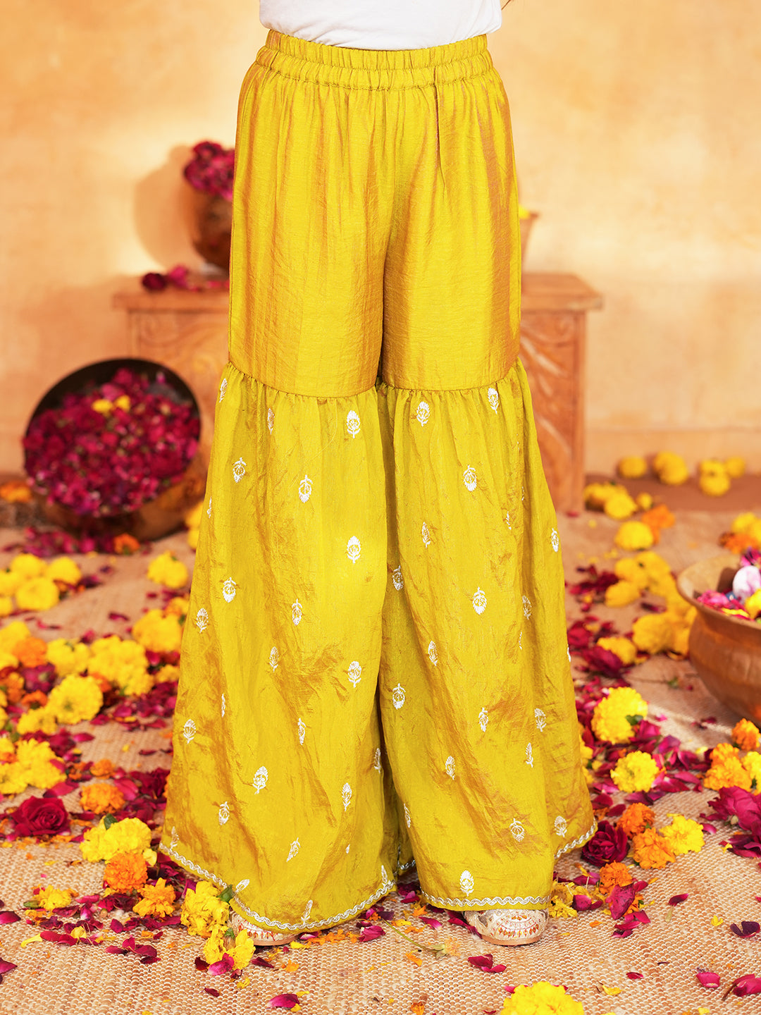 Pspeaches Girls Purple & Yellow Ethnic Embroidered silk A-line Kurta With Sharara & Dupatta ( SKU-Sha-burgundyvich )