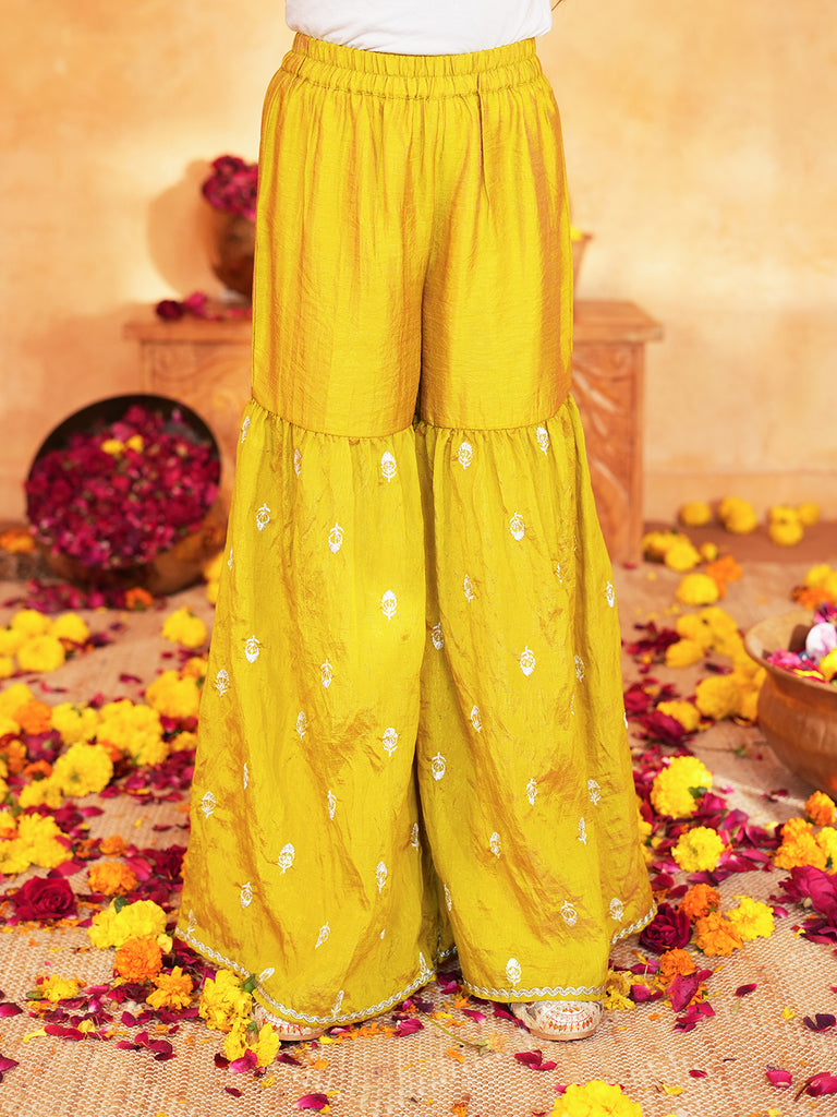 Pspeaches Girls Purple & Yellow Ethnic Embroidered silk A-line Kurta With Sharara & Dupatta ( SKU-Sha-burgundyvich )