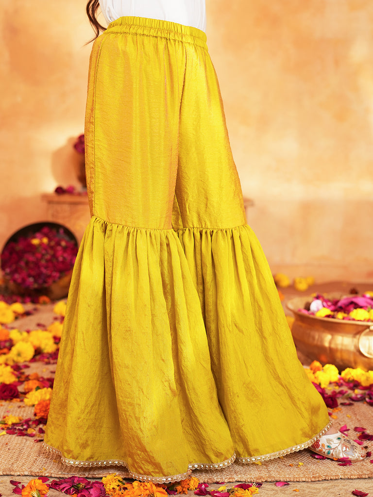 Pspeaches Girls Yellow & Green Ethnic Embroidered silk Angrakha Kurta With Sharara & Dupatta ( SKU-Sha-yellowvich )