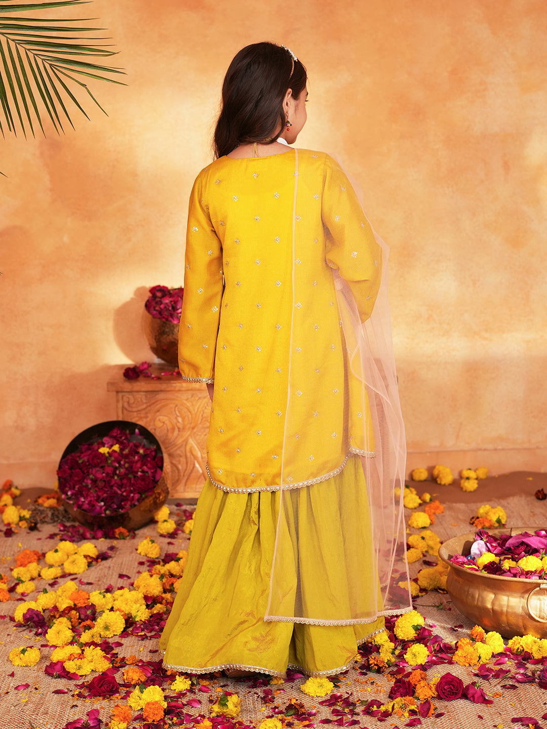 Pspeaches Girls Yellow & Green Ethnic Embroidered silk Angrakha Kurta With Sharara & Dupatta ( SKU-Sha-yellowvich )