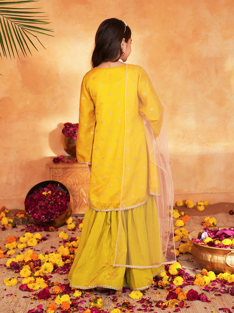 Pspeaches Girls Yellow & Green Ethnic Embroidered silk Angrakha Kurta With Sharara & Dupatta ( SKU-Sha-yellowvich )