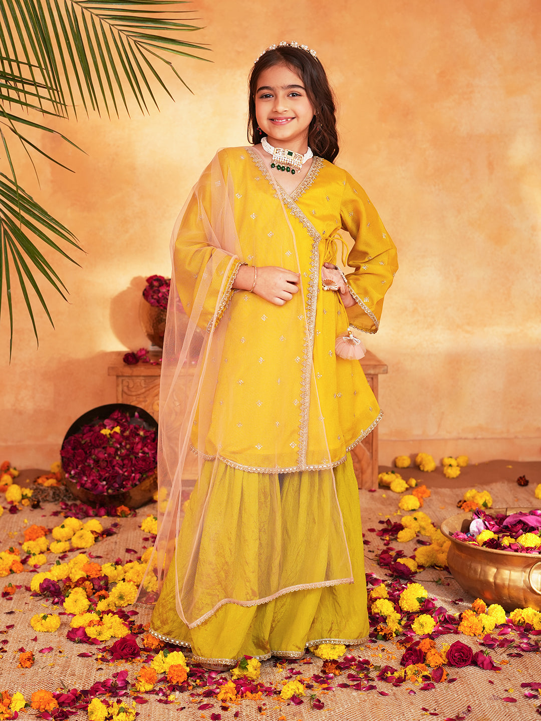 Pspeaches Girls Yellow & Green Ethnic Embroidered silk Angrakha Kurta With Sharara & Dupatta ( SKU-Sha-yellowvich )