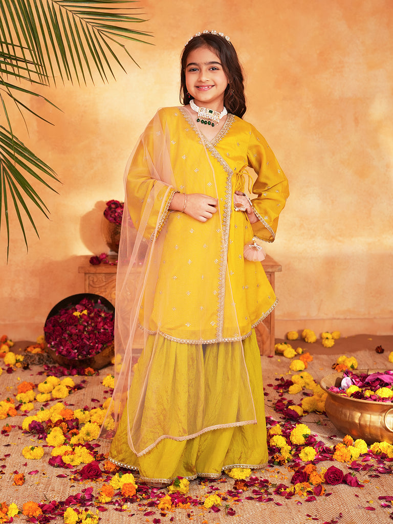 Pspeaches Girls Yellow & Green Ethnic Embroidered silk Angrakha Kurta With Sharara & Dupatta ( SKU-Sha-yellowvich )