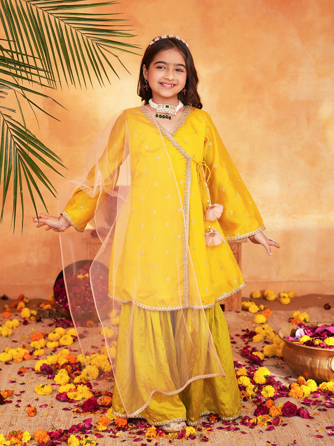 Pspeaches Girls Yellow & Green Ethnic Embroidered silk Angrakha Kurta With Sharara & Dupatta ( SKU-Sha-yellowvich )