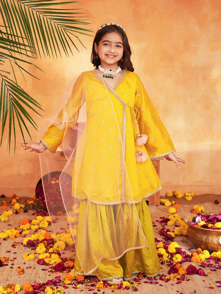 Pspeaches Girls Yellow & Green Ethnic Embroidered silk Angrakha Kurta With Sharara & Dupatta ( SKU-Sha-yellowvich )