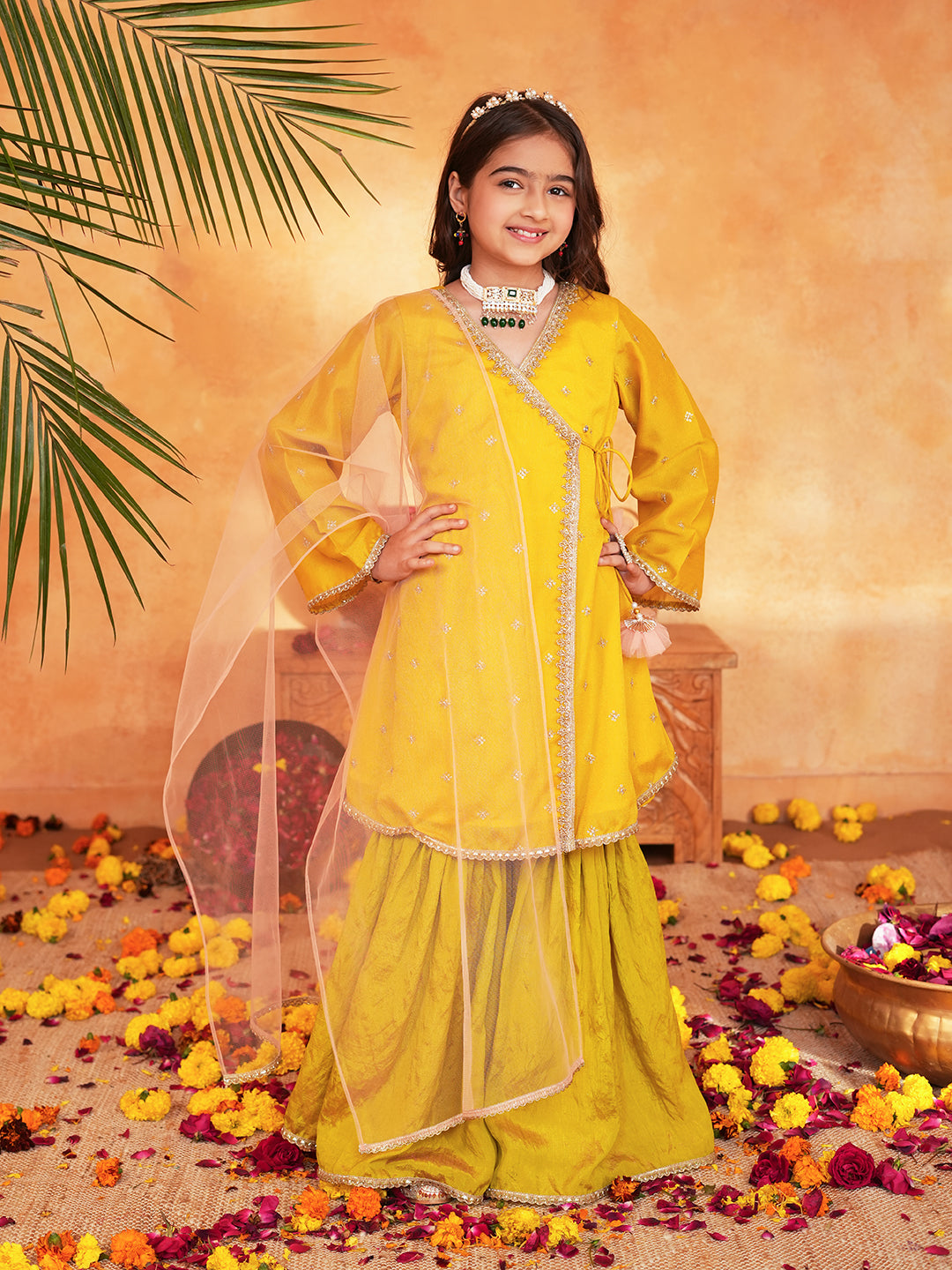 Pspeaches Girls Yellow & Green Ethnic Embroidered silk Angrakha Kurta With Sharara & Dupatta ( SKU-Sha-yellowvich )