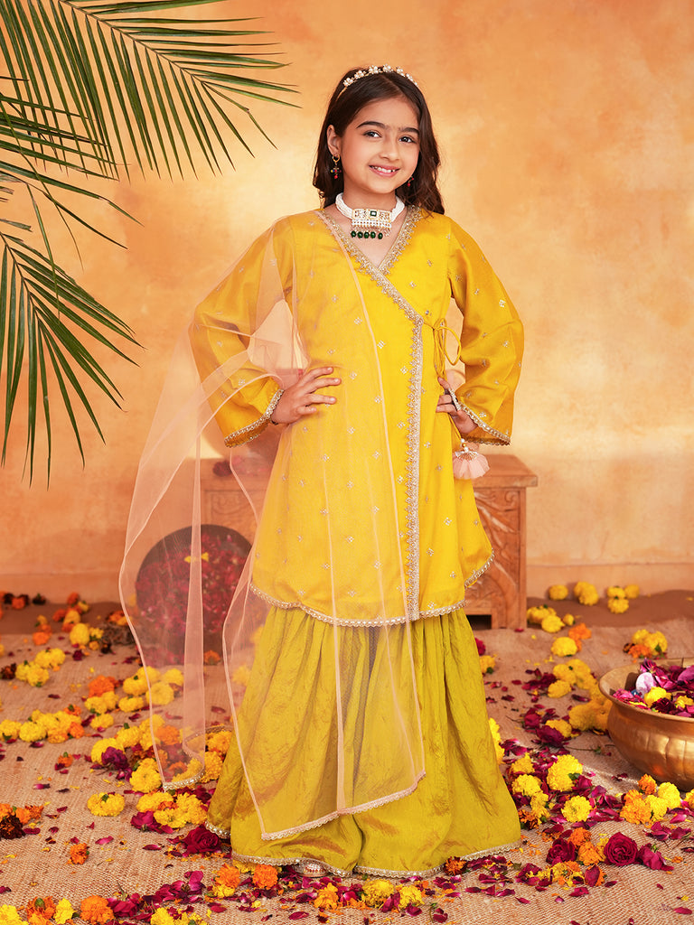 Pspeaches Girls Yellow & Green Ethnic Embroidered silk Angrakha Kurta With Sharara & Dupatta ( SKU-Sha-yellowvich )
