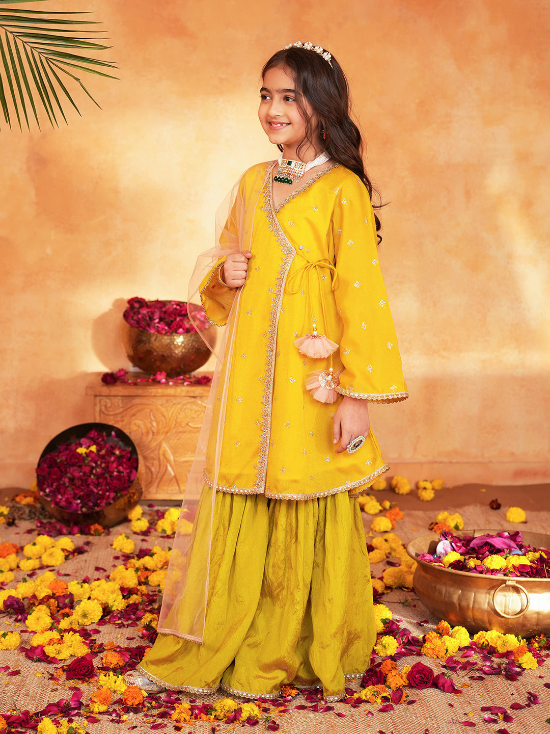 Pspeaches Girls Yellow & Green Ethnic Embroidered silk Angrakha Kurta With Sharara & Dupatta ( SKU-Sha-yellowvich )