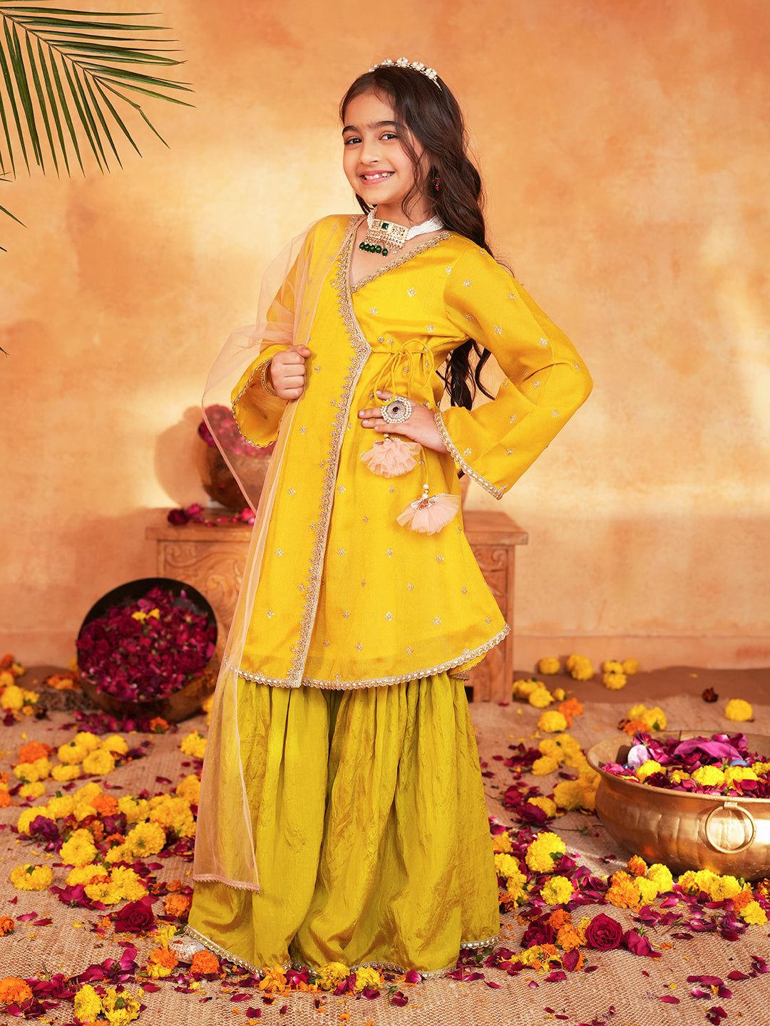 Pspeaches Girls Yellow & Green Ethnic Embroidered silk Angrakha Kurta With Sharara & Dupatta ( SKU-Sha-yellowvich )