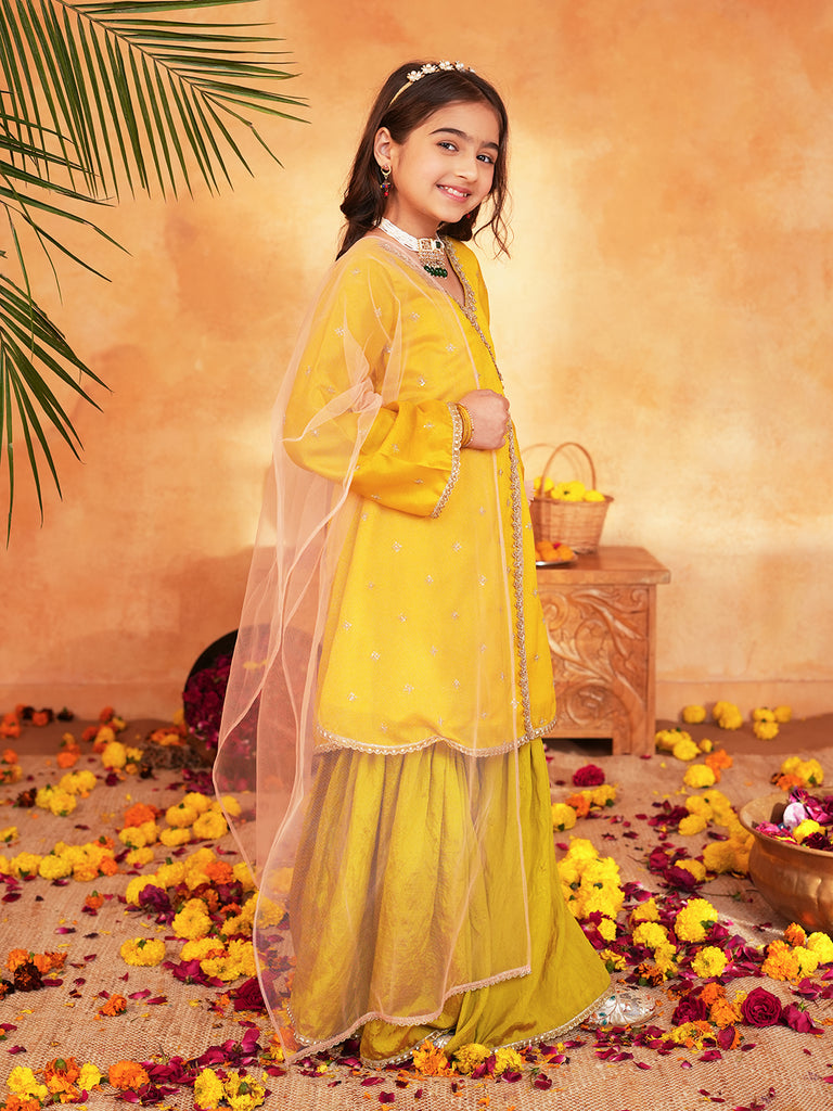 Pspeaches Girls Yellow & Green Ethnic Embroidered silk Angrakha Kurta With Sharara & Dupatta ( SKU-Sha-yellowvich )