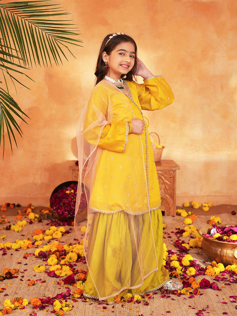 Pspeaches Girls Yellow & Green Ethnic Embroidered silk Angrakha Kurta With Sharara & Dupatta ( SKU-Sha-yellowvich )
