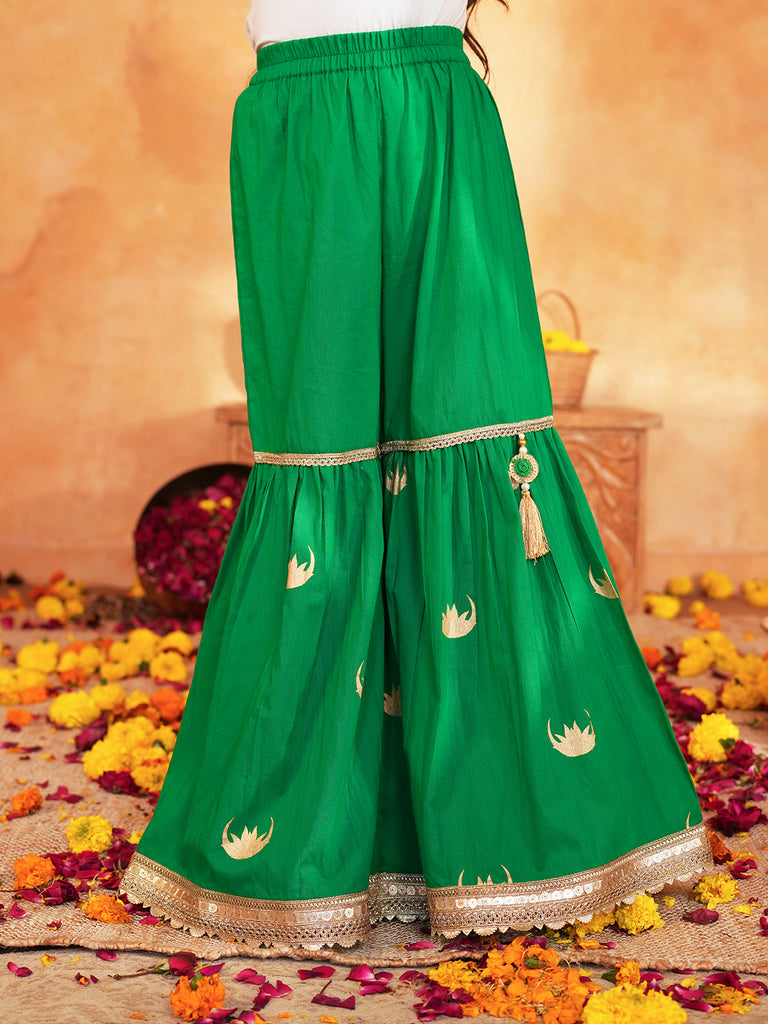 Pspeaches Girls Green Ethnic Foil Print Cambric A-Line Kurta & Sharara With Dupatta ( Sku-Sha-Greenmoon )