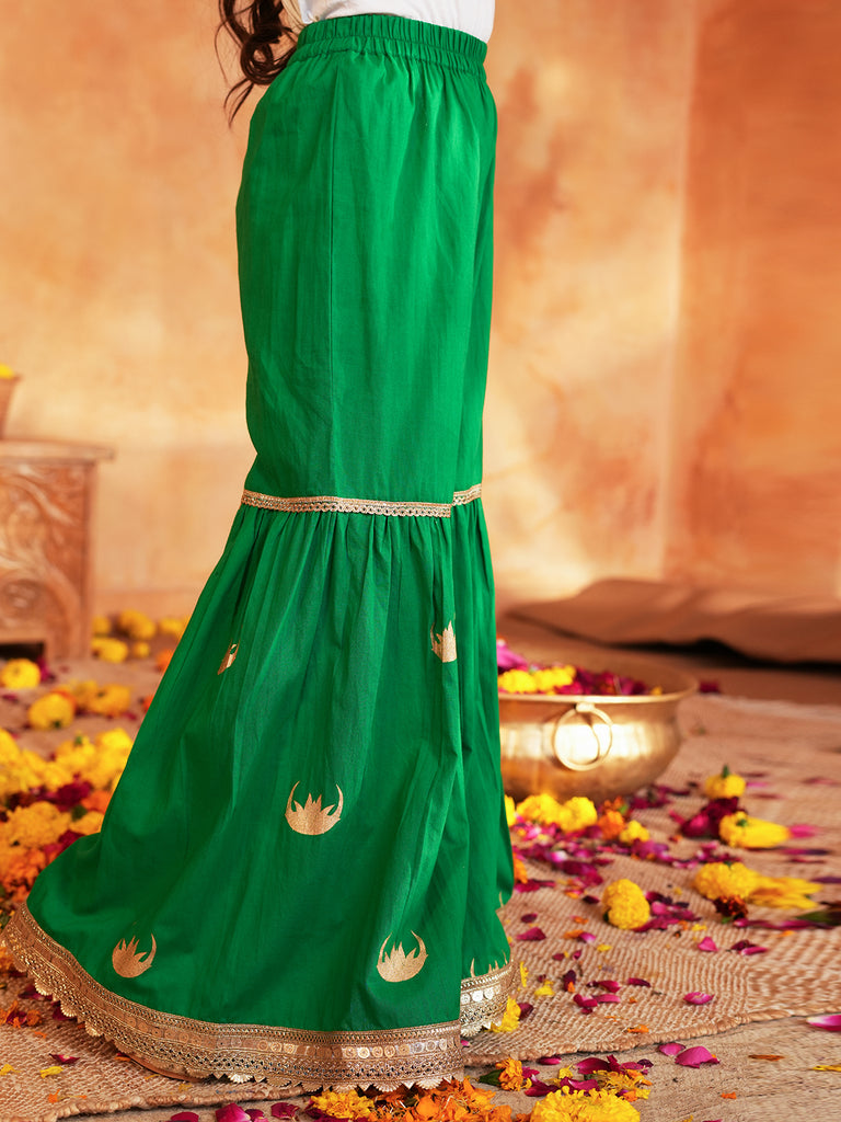 Pspeaches Girls Green Ethnic Foil Print Cambric A-Line Kurta & Sharara With Dupatta ( Sku-Sha-Greenmoon )