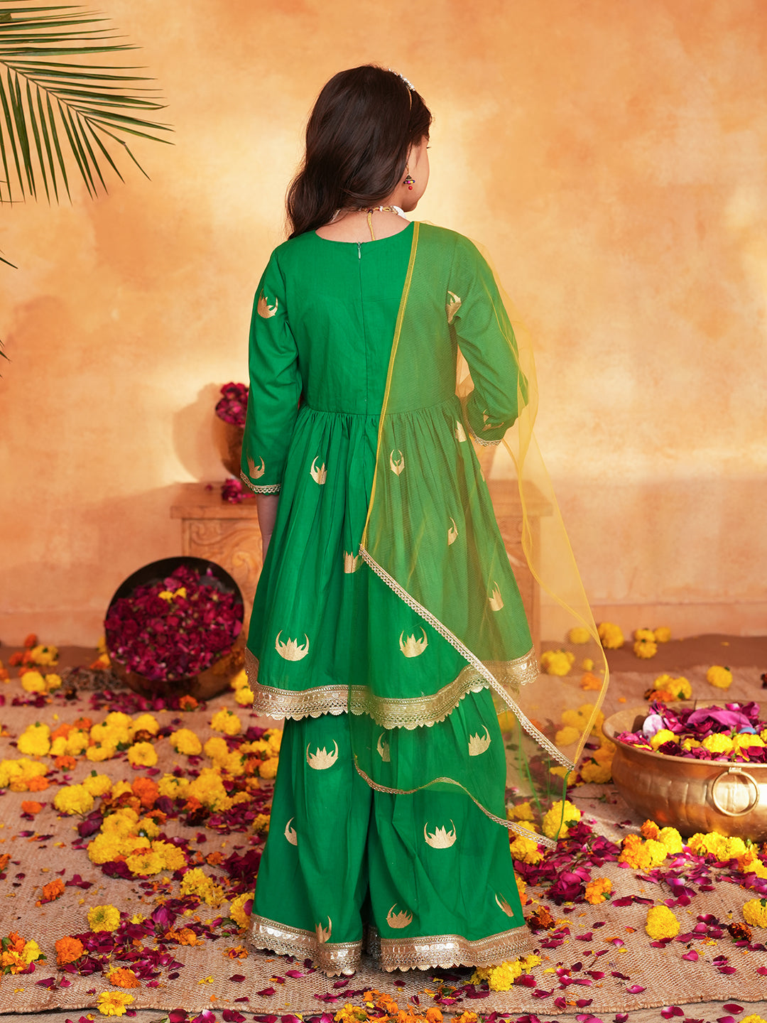 Pspeaches Girls Green Ethnic Foil Print Cambric A-Line Kurta & Sharara With Dupatta ( Sku-Sha-Greenmoon )