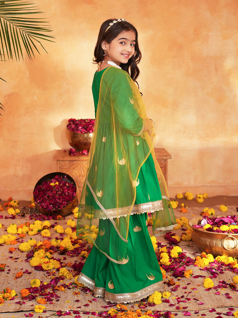 Pspeaches Girls Green Ethnic Foil Print Cambric A-Line Kurta & Sharara With Dupatta ( Sku-Sha-Greenmoon )