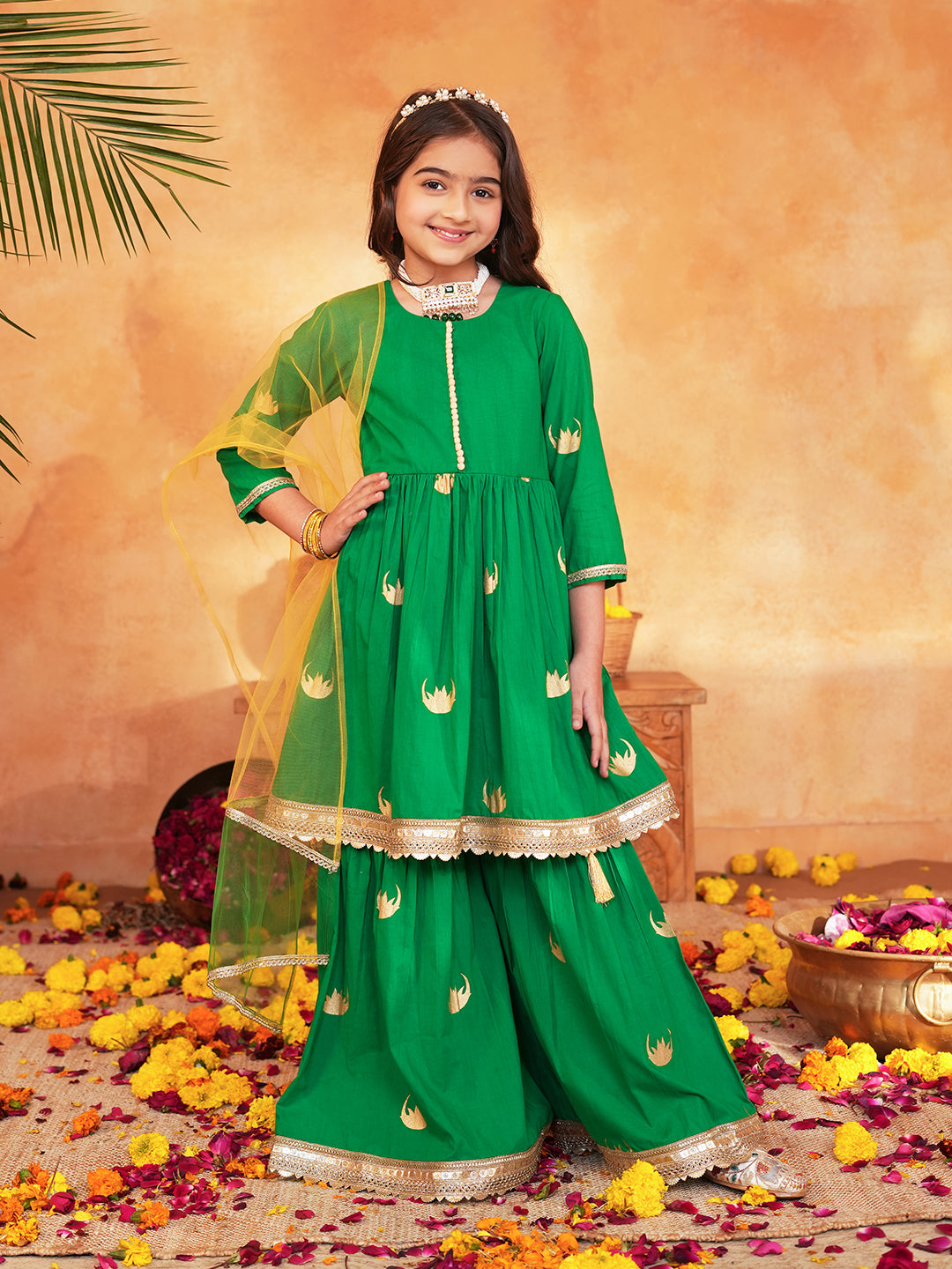 Pspeaches Girls Green Ethnic Foil Print Cambric A-Line Kurta & Sharara With Dupatta ( Sku-Sha-Greenmoon )