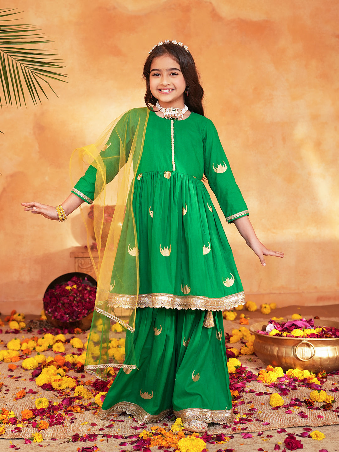Pspeaches Girls Green Ethnic Foil Print Cambric A-Line Kurta & Sharara With Dupatta ( Sku-Sha-Greenmoon )