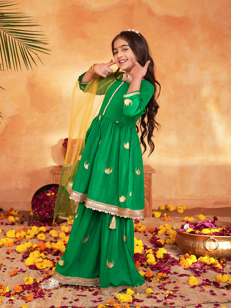 Pspeaches Girls Green Ethnic Foil Print Cambric A-Line Kurta & Sharara With Dupatta ( Sku-Sha-Greenmoon )