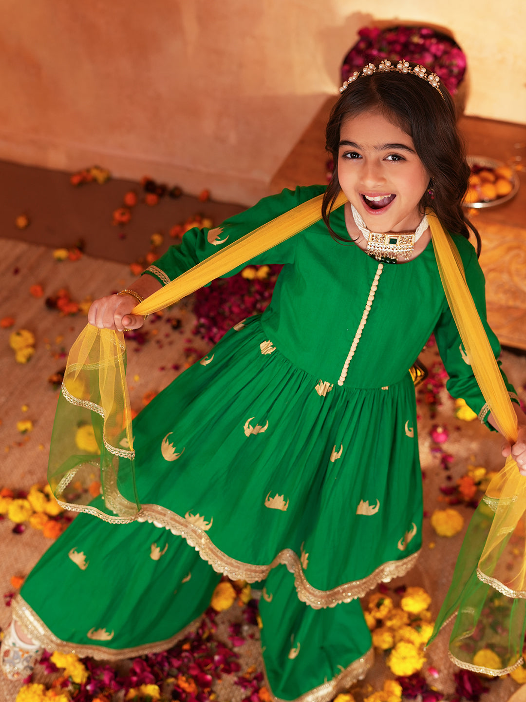 Pspeaches Girls Green Ethnic Foil Print Cambric A-Line Kurta & Sharara With Dupatta ( Sku-Sha-Greenmoon )