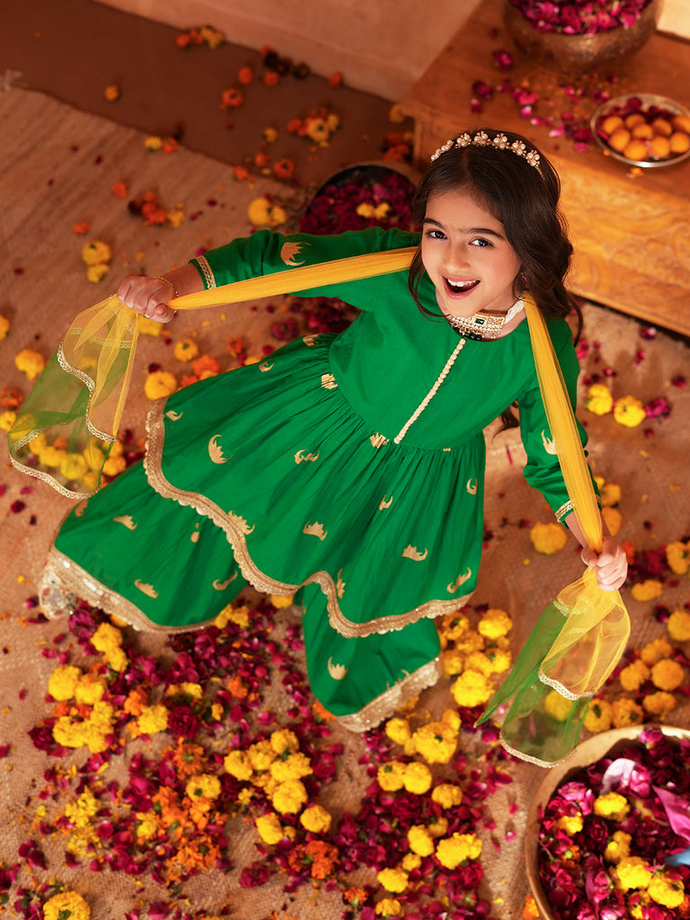 Pspeaches Girls Green Ethnic Foil Print Cambric A-Line Kurta & Sharara With Dupatta ( Sku-Sha-Greenmoon )
